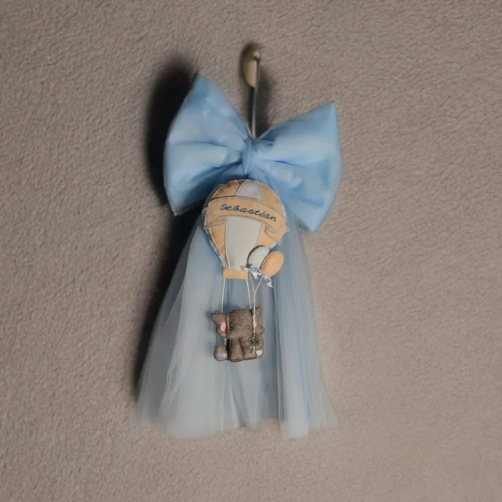 Fiocco Nascita Personalizzato con Elefantino su Mongolfiera in Tulle